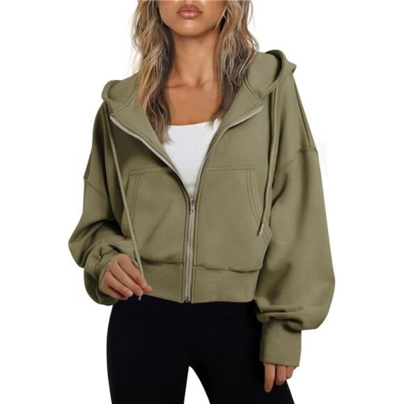 Women's Full Zip-Up Cropped Hoodie Sweatshirt Casual Comfy Gym Jacket - Picture 1 of 7